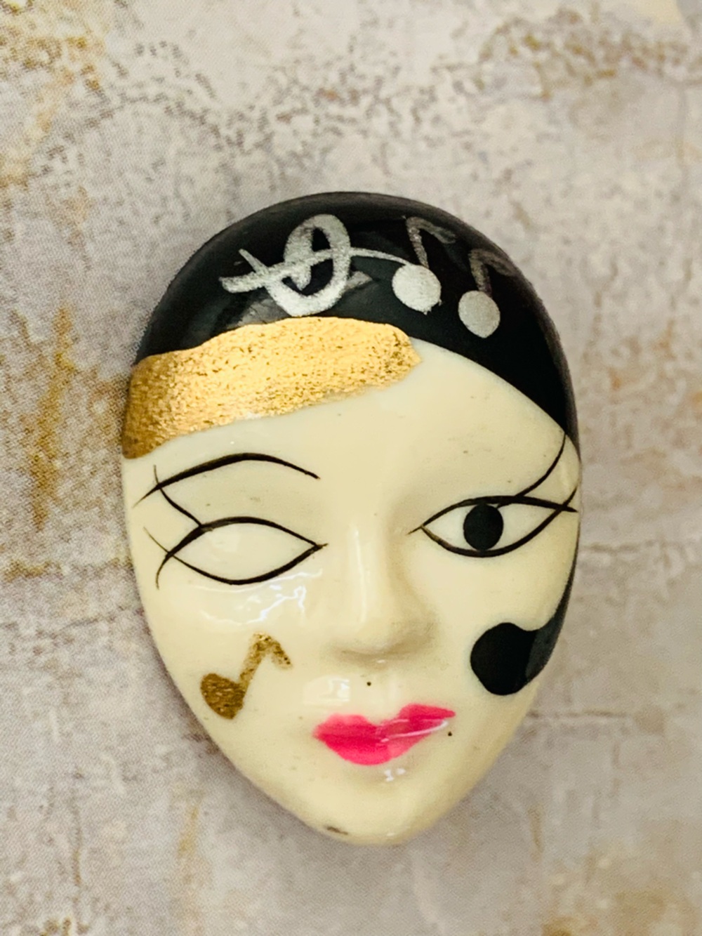 Hand-Painted Celluloid Flapper Era Face Pin with Musical Notes Accents